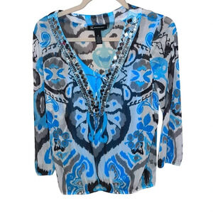 INC 2pc Sheer Printed Sequin Embellished Tunic Blouse size M